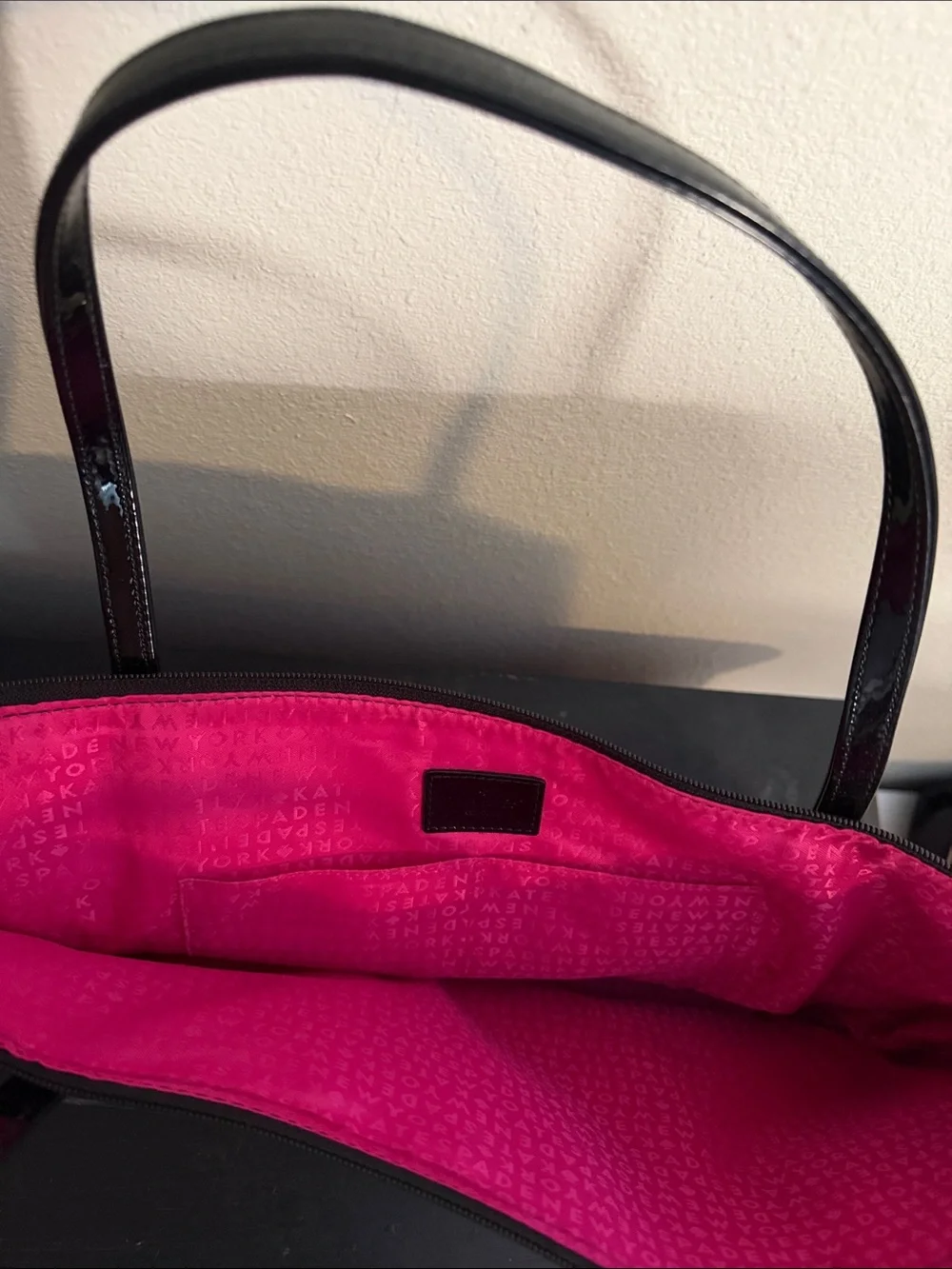kate spade Black and Cream Striped Patent Tote with Pink Interior
